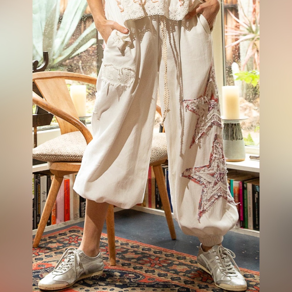 POL Star Patchwork Ivory Joggers | Embroidered Elastic Waist Pants - Picture 4 of 11